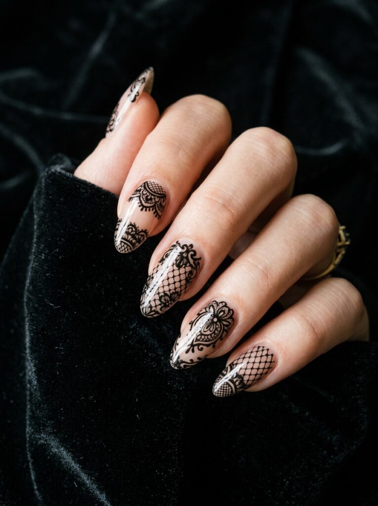 gothic black lace nail design