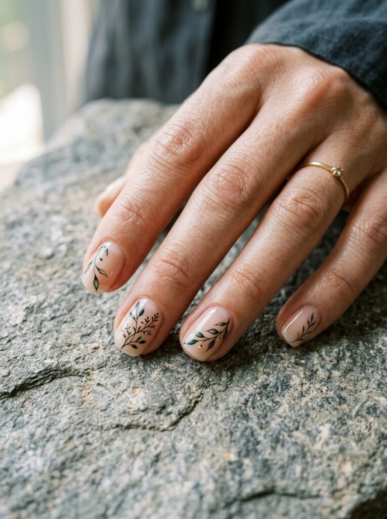 fine line emerald botanical nail art