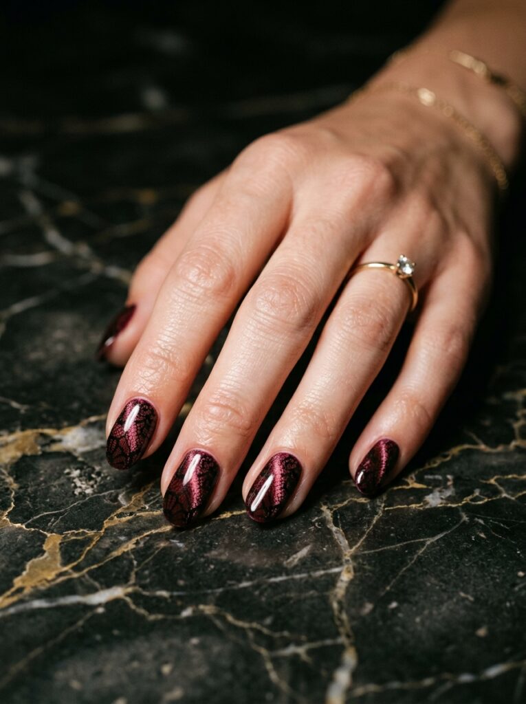 burgundy cat eye nails with black lace overlay