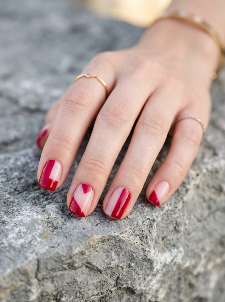 negative space asymmetric crimson graphic nails