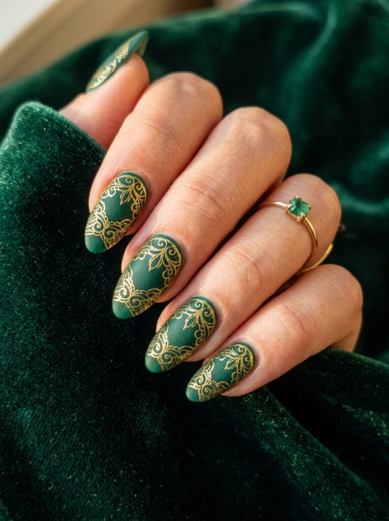 emerald velvet nails with gold lace outlines