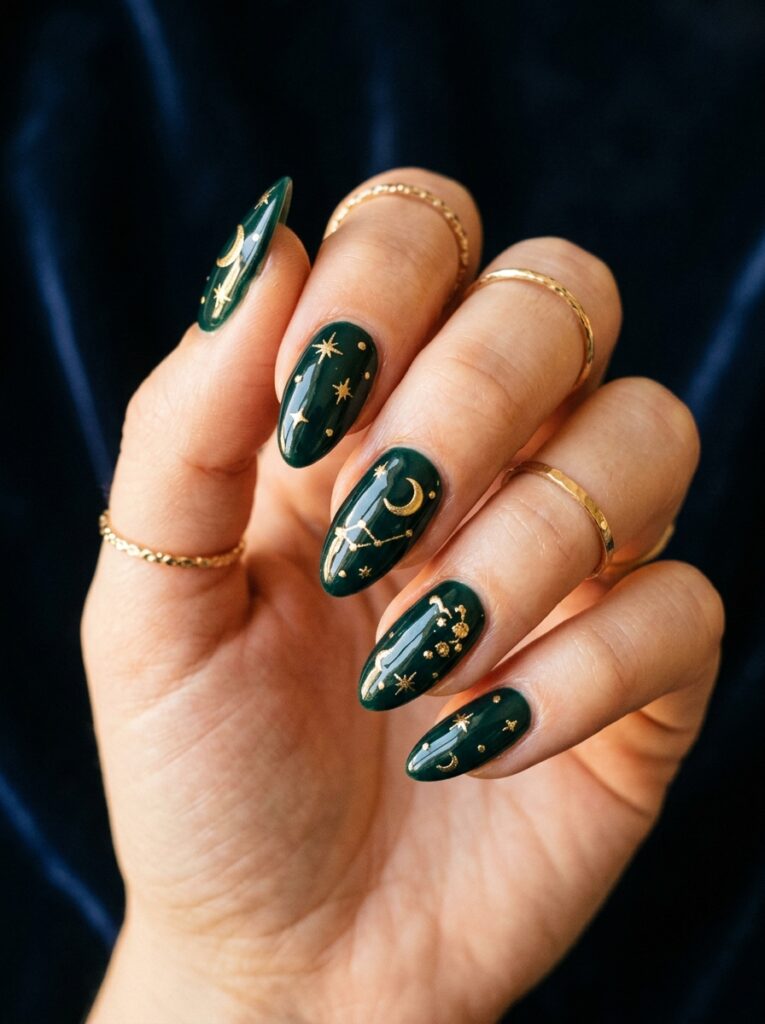 celestial gold moons and stars on emerald nails
