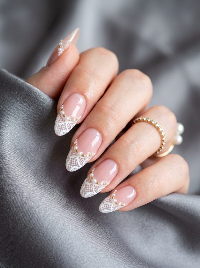 white lace french tip nails for weddings