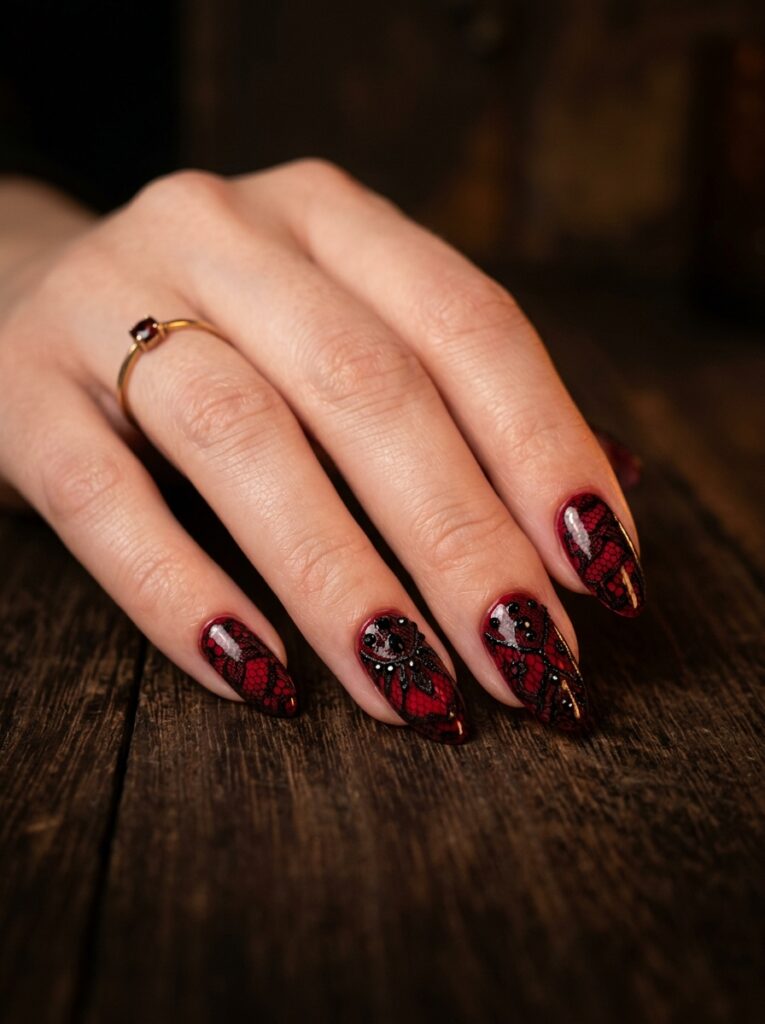 victorian red and black chantilly lace nails