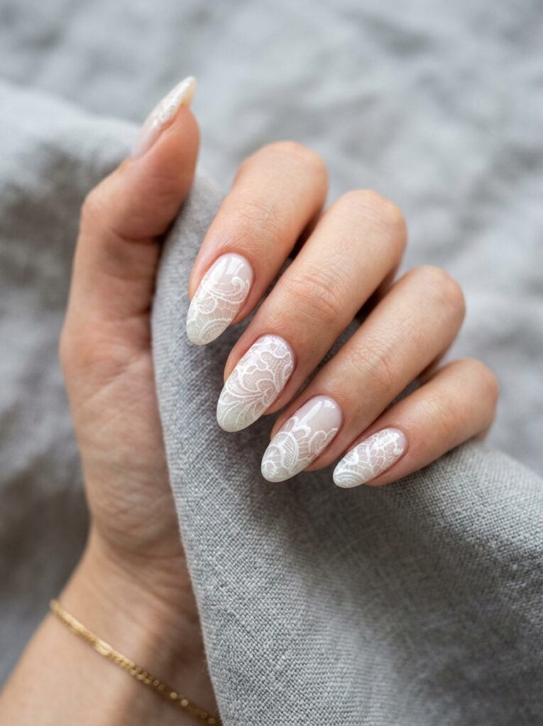 white guipure lace on milky glazed nails