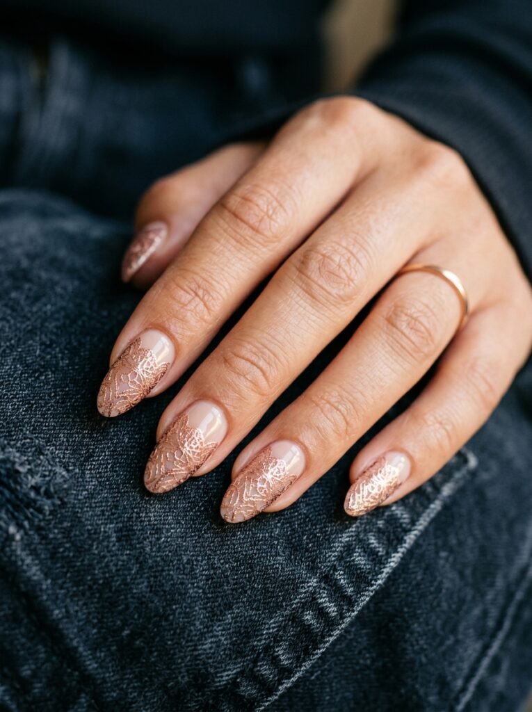 rose gold metallic lace inlay nails