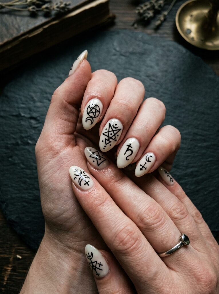 witchcraft sigil nail art in black and white