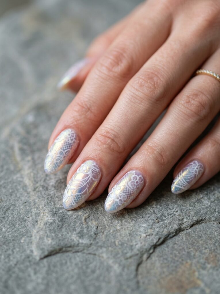 frosted pearl lace nails on iridescent base