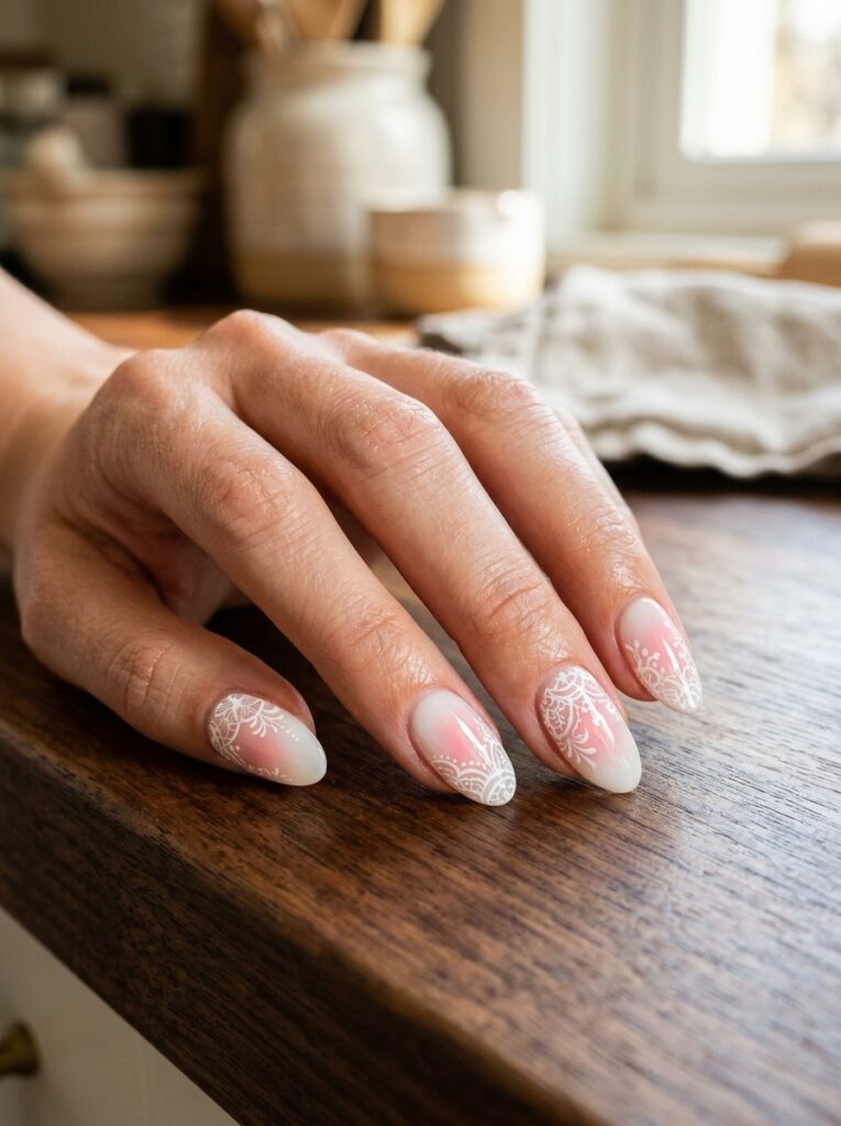 blush aura nails with white lace