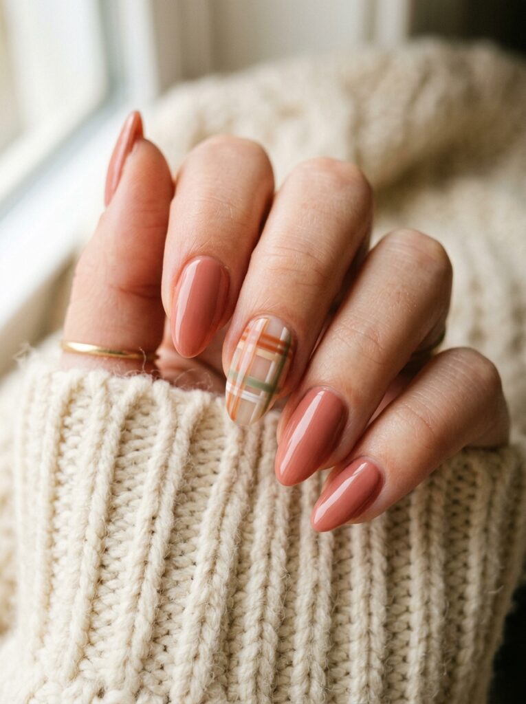 sheer plaid accent nail design