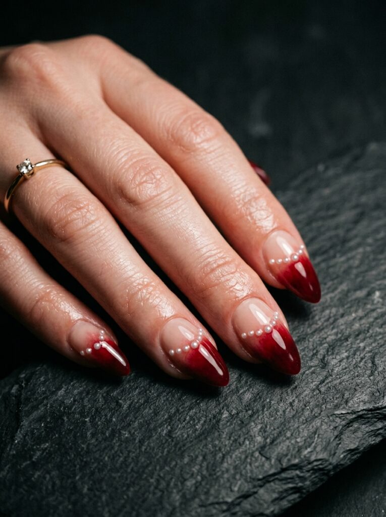 ombre blood drip nails with micro pearls