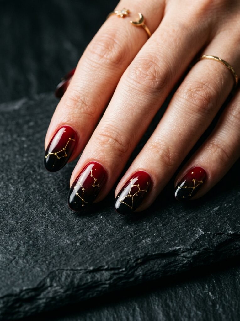 red to black gradient nails with constellations
