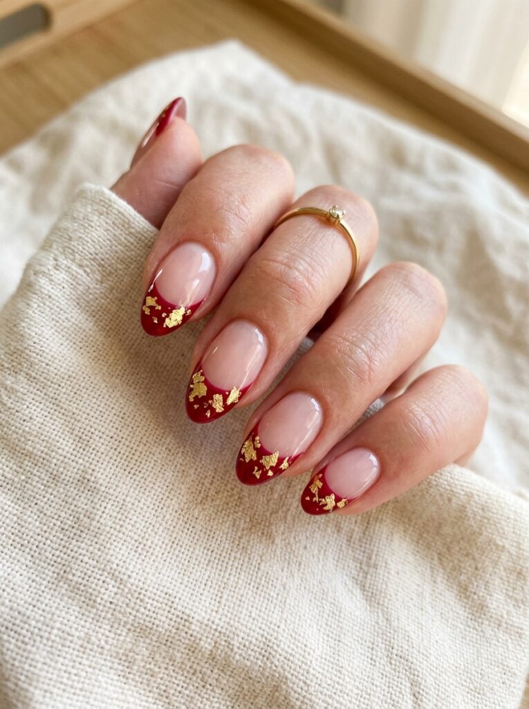 ruby french tips with gold leaf inlay