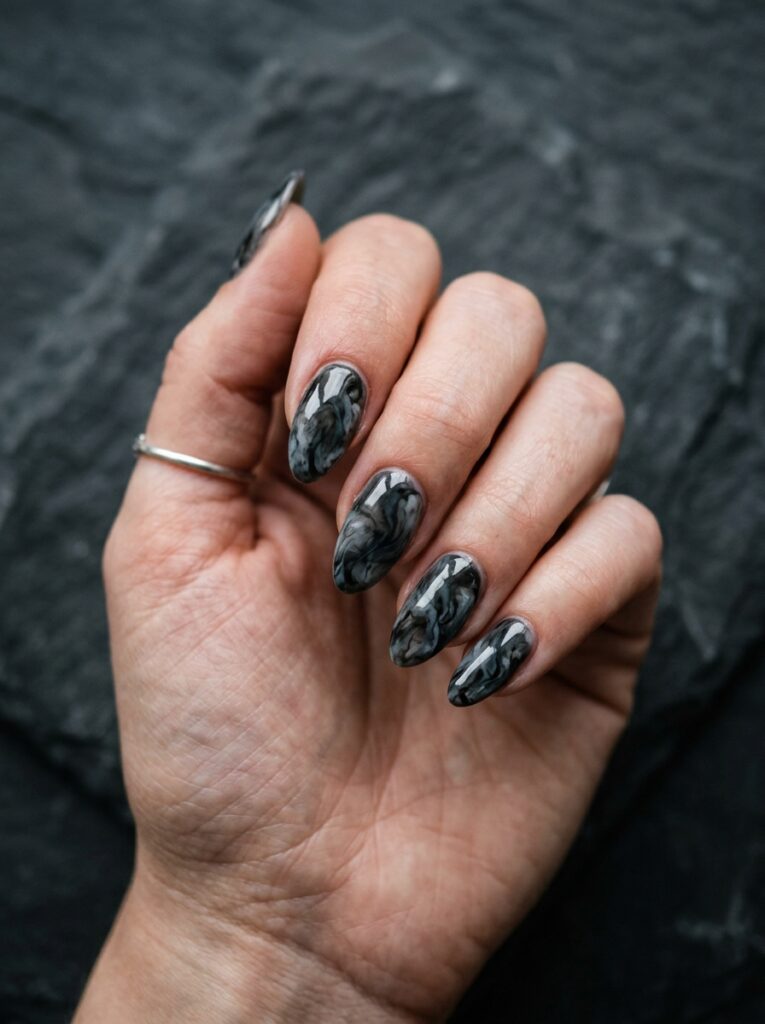 smoky charcoal and black marble nails