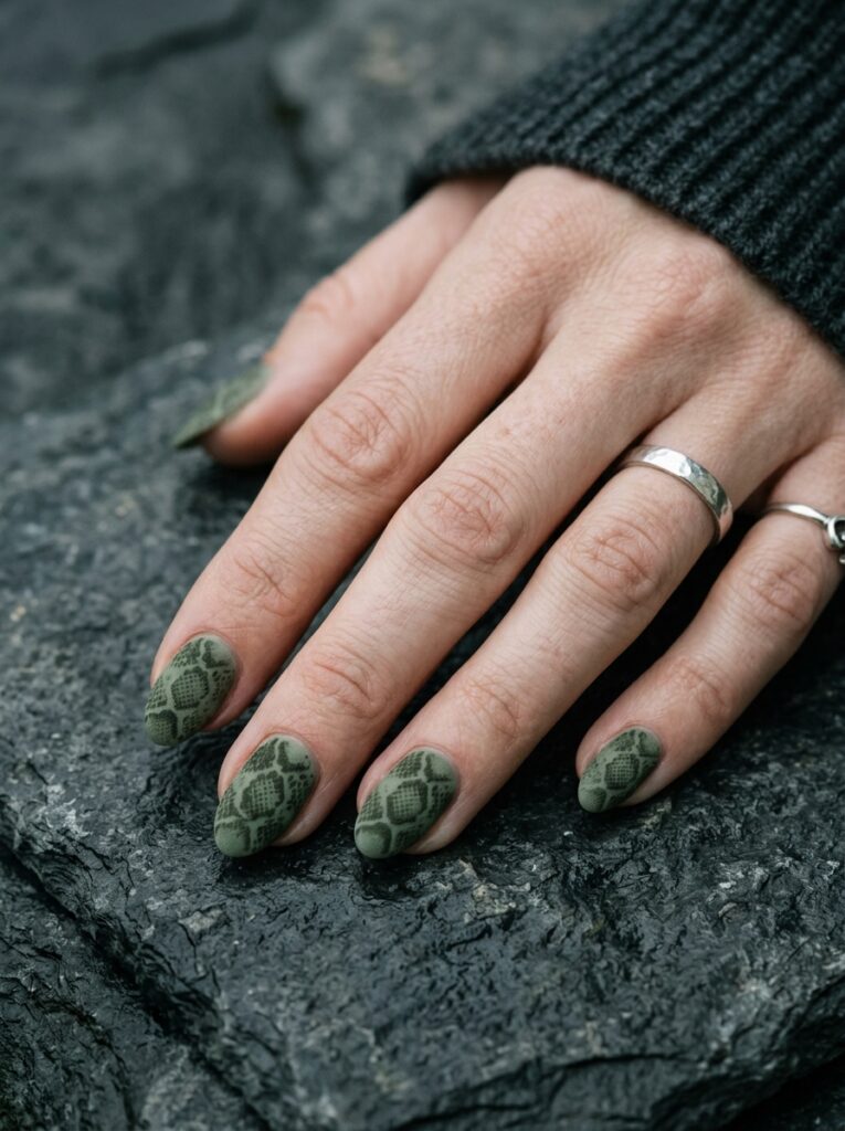 sage and olive matte snakeskin nails