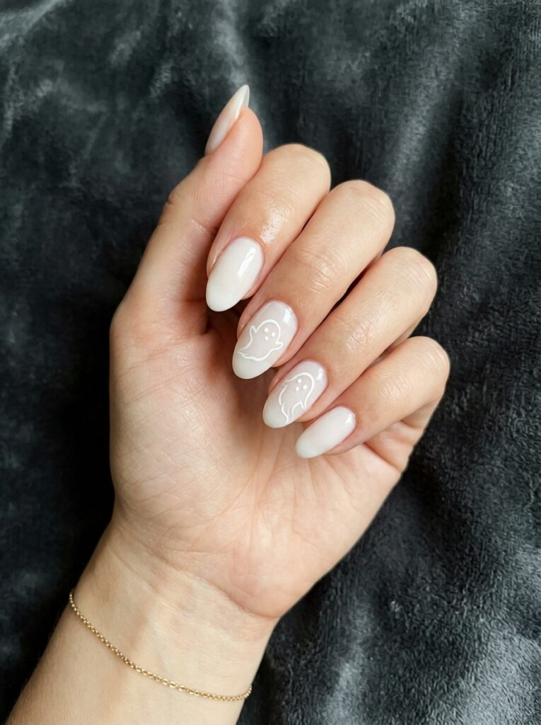 white ghost outline nails on milky base