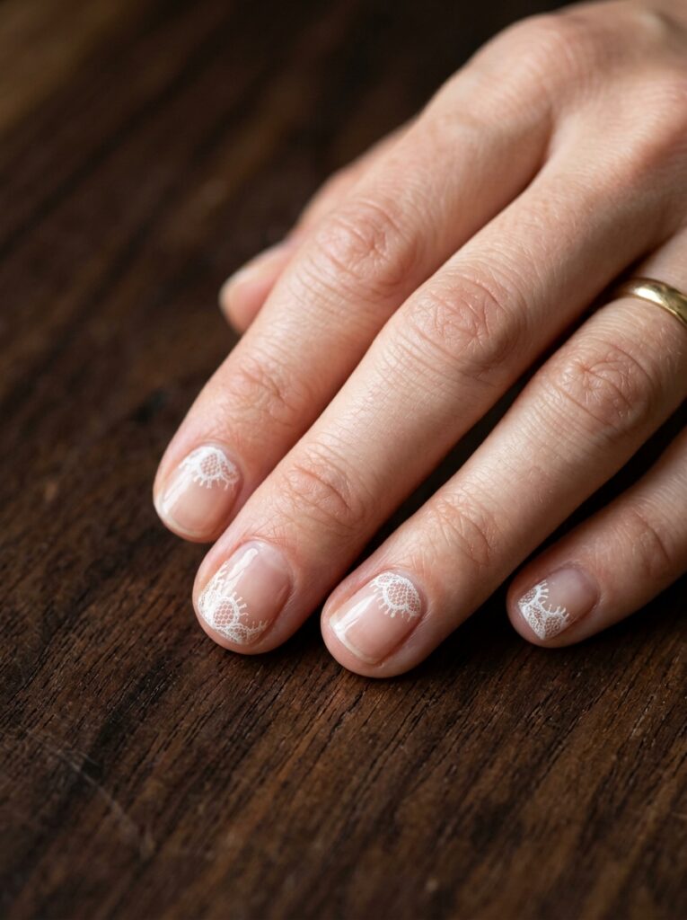 minimalist white lace corner nails