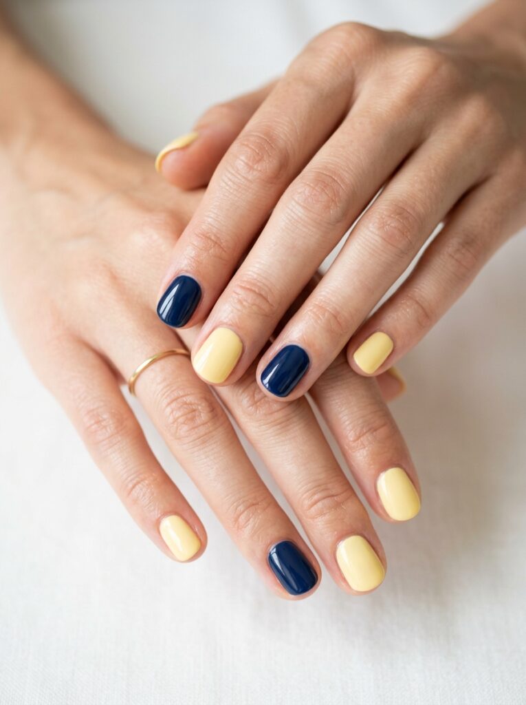 butter yellow and navy nail color combo
