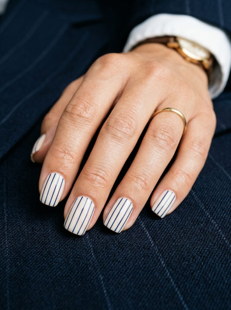 navy pinstripe nails on cream base