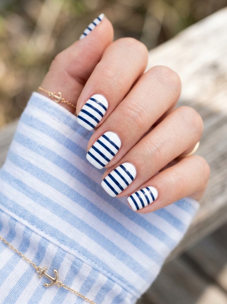 breton stripe nail design navy and white
