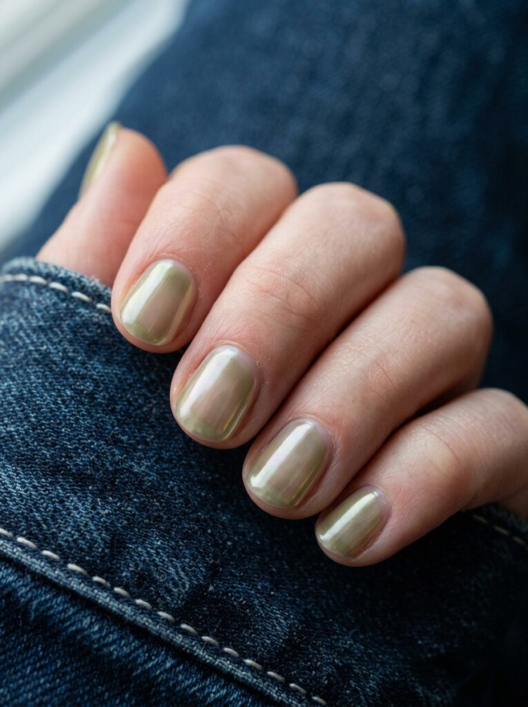 subtle olive chrome glaze on short bare nails