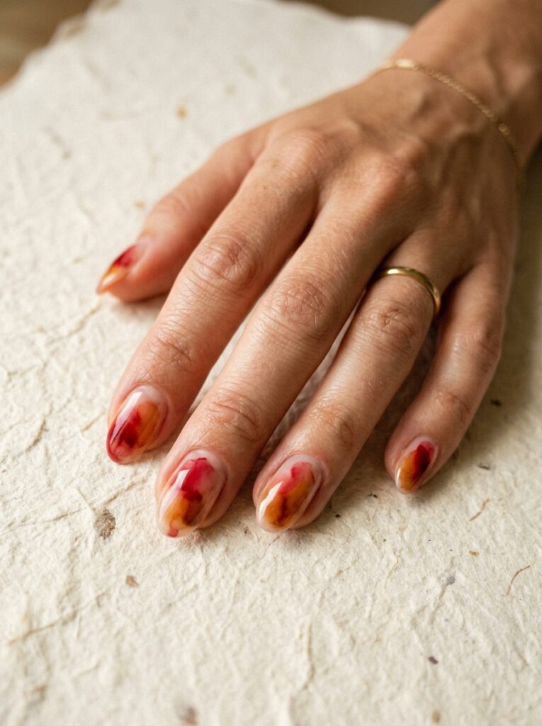 scarlet and burnt ochre watercolor bloom nails