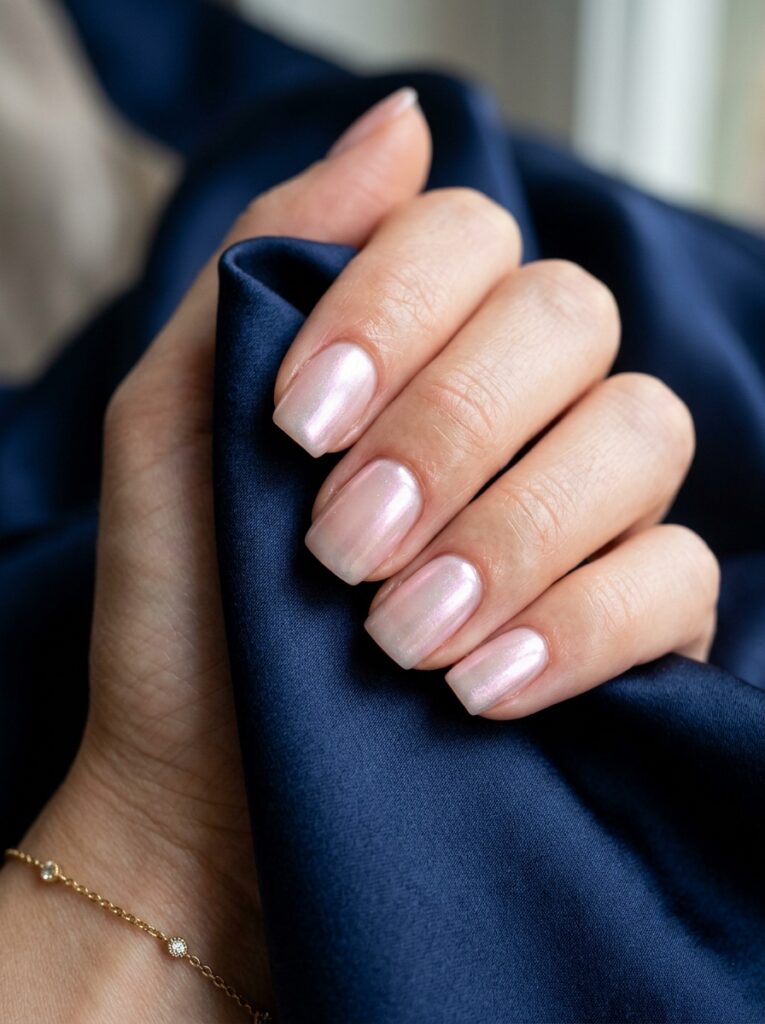 frosted pearl glaze nails over sheer blush base