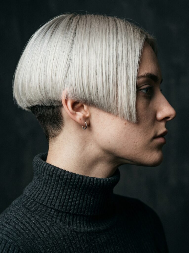 Platinum-blonde geometric bob showing a clipped undercut.