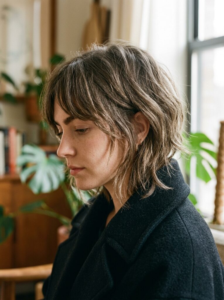 Ash-brown shaggy wolf-bob with curtain bangs.
