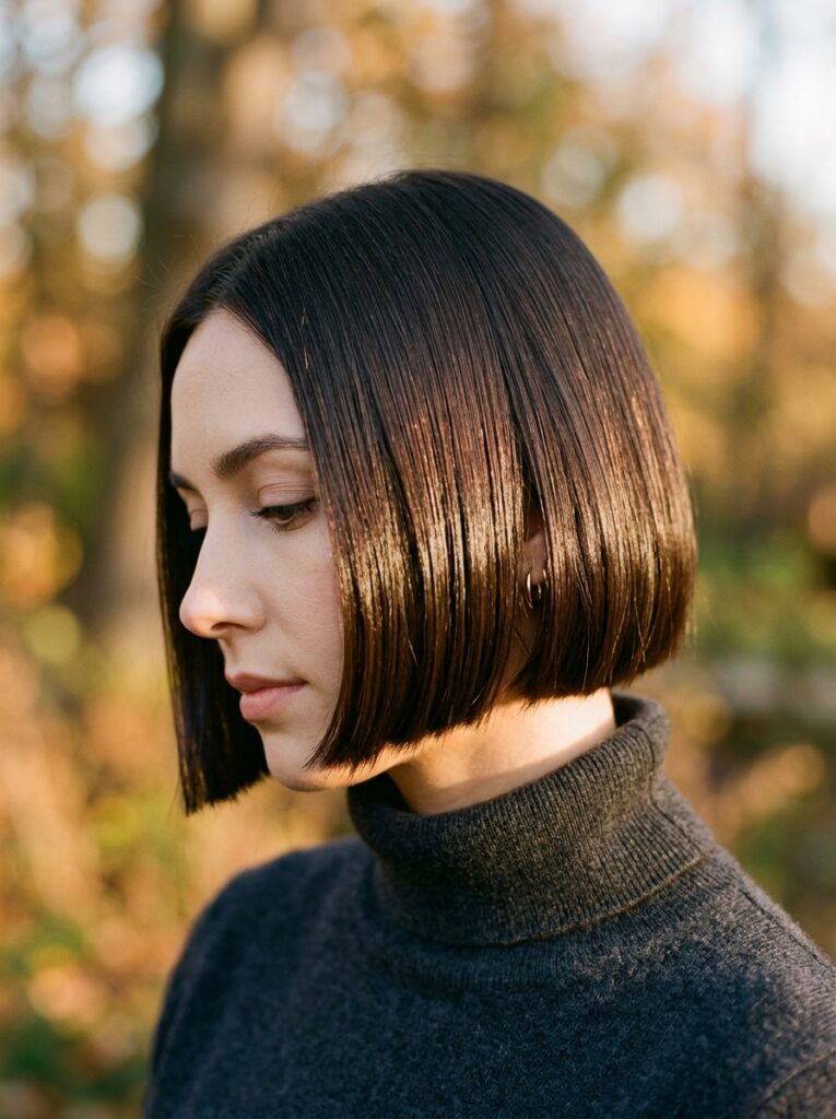Ultra-shiny liquid glass espresso bob with blunt chin-length cut.