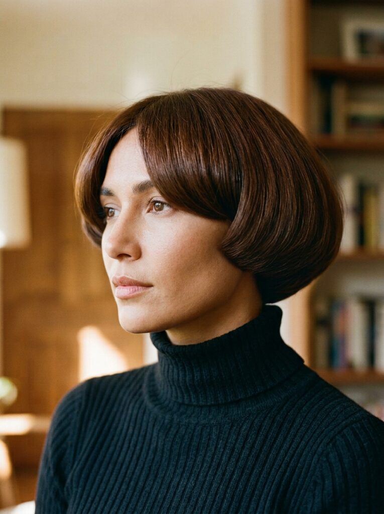 Chestnut brown mushroom bowl-infused bob wrapping around cheekbones.