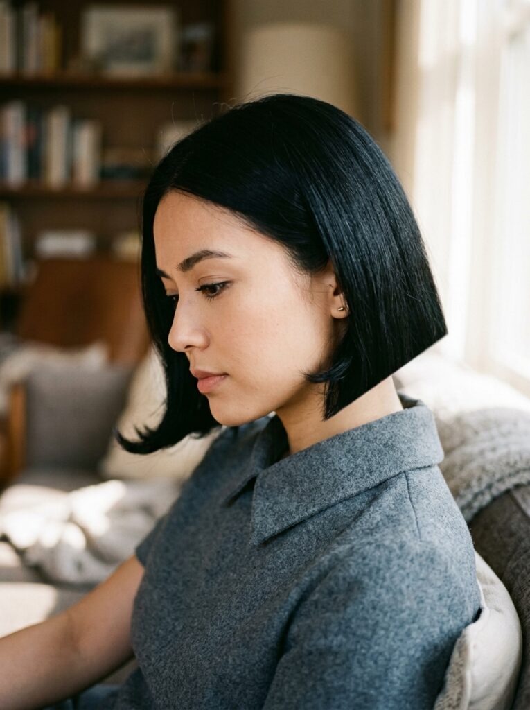 Jet black bell-bottom A-line bob flaring outward at jawline.