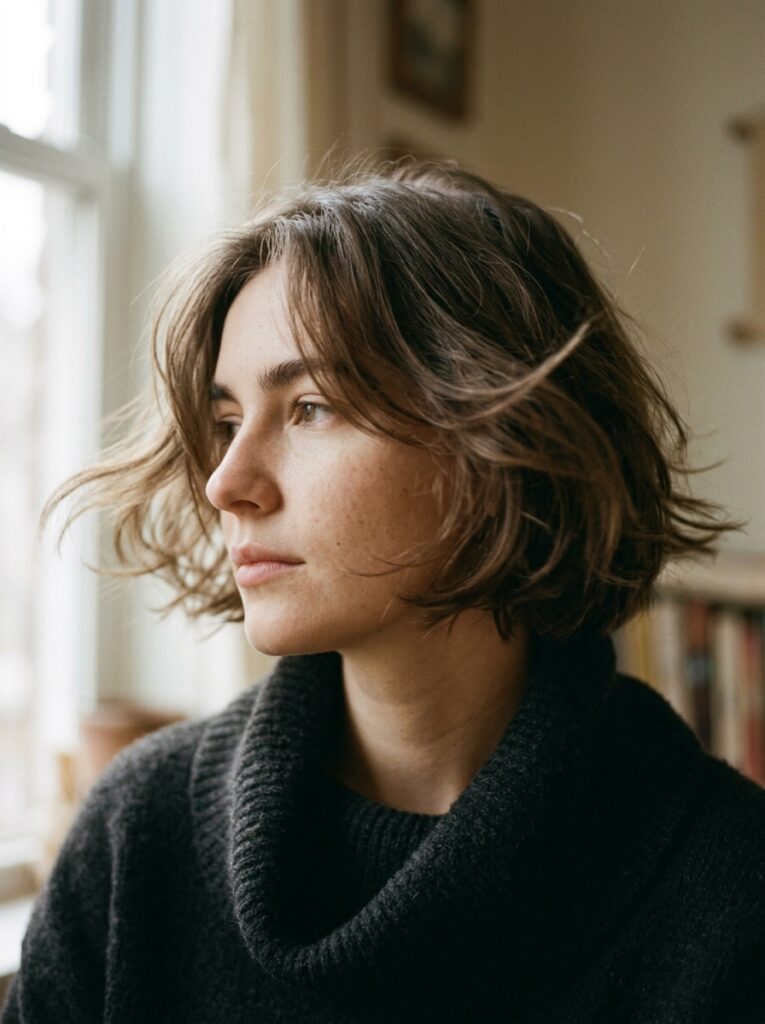 Taupe brown air-bob with light face-framing layers.