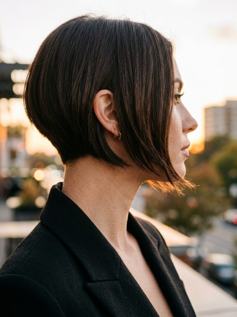 Ultra-shiny liquid glass espresso bob with blunt chin-length cut.