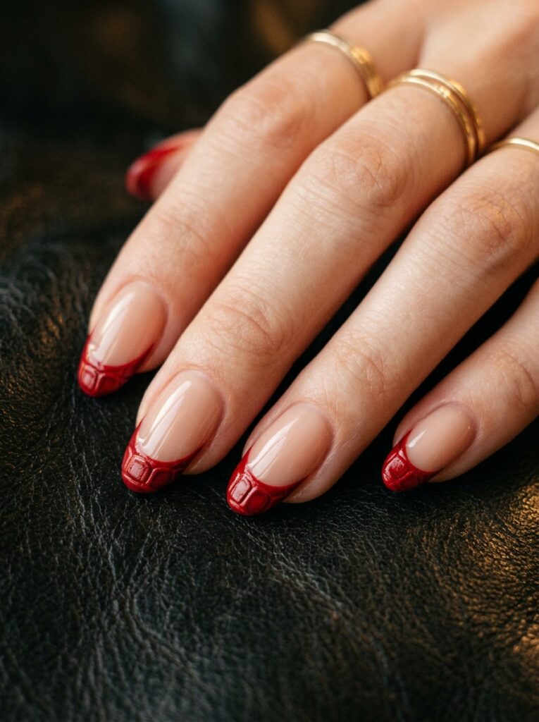 red croc print embossed micro french nails