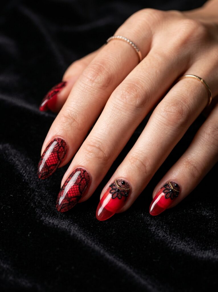 victorian chantilly lace over red jelly nails