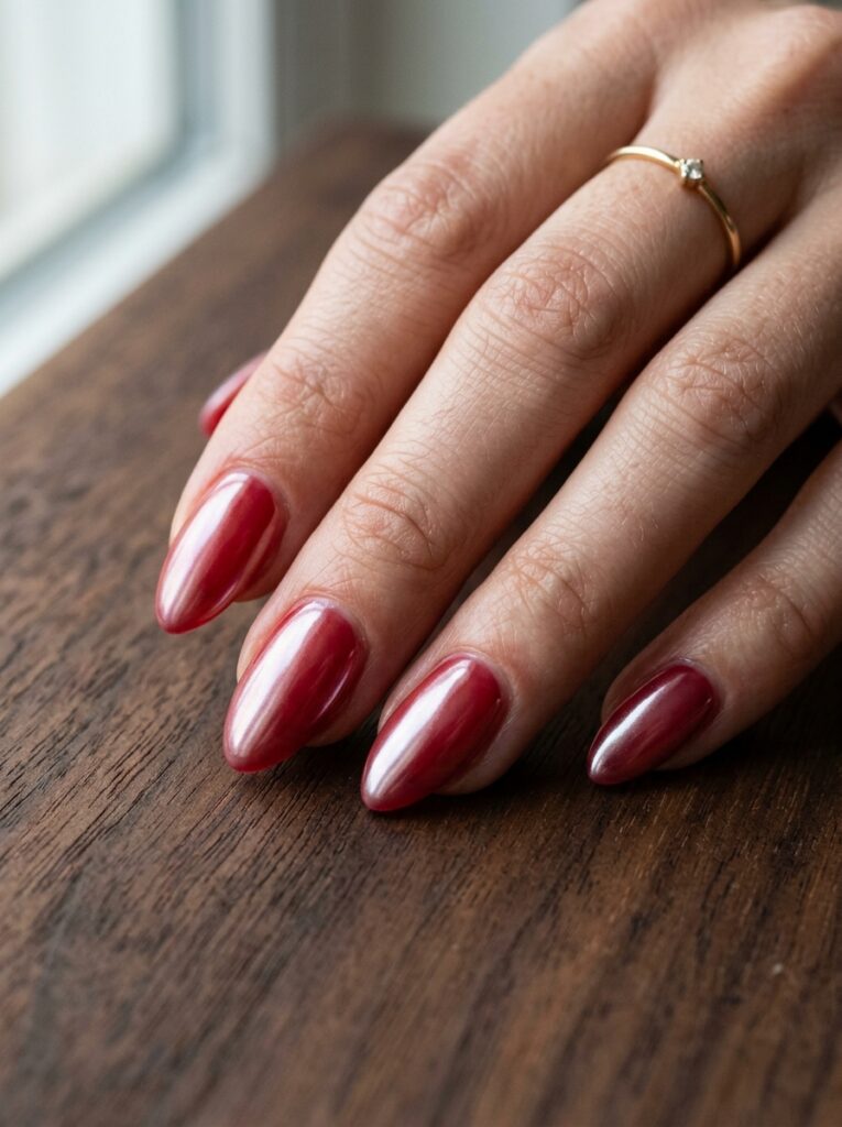 cherry red glazed donut chrome nails on almond shape