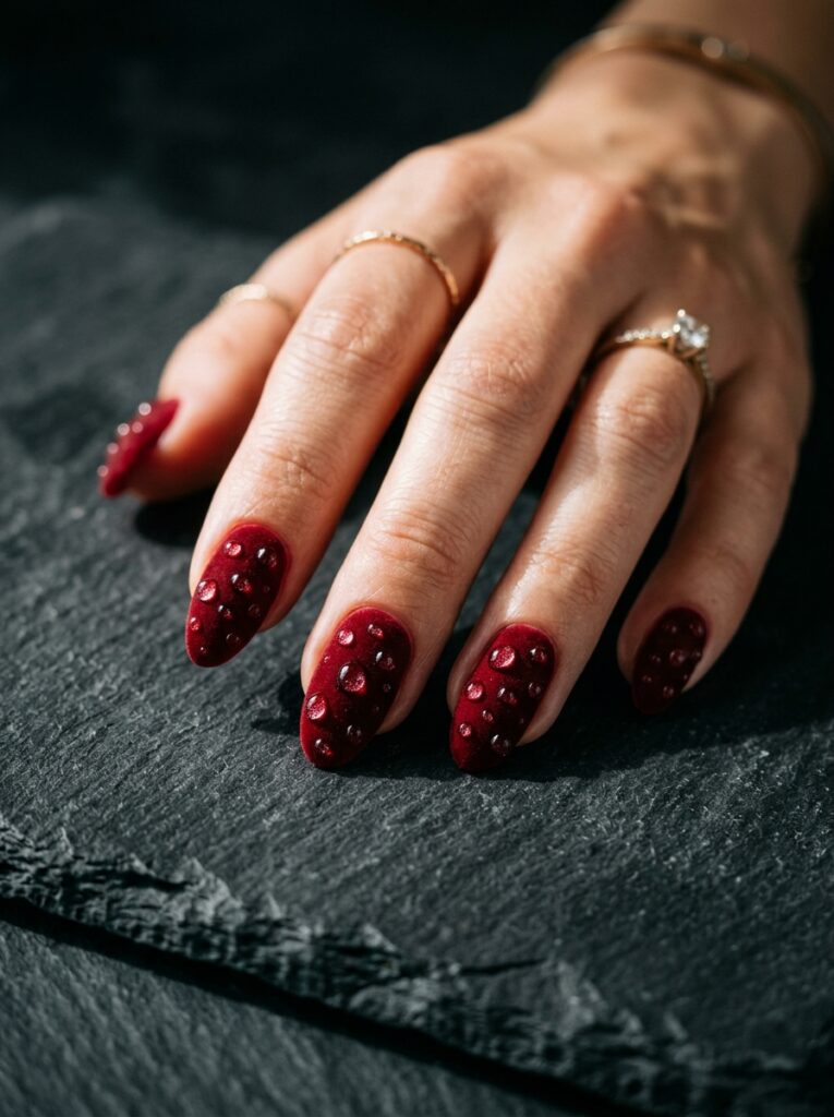 glossy 3d water droplets on blood red nails
