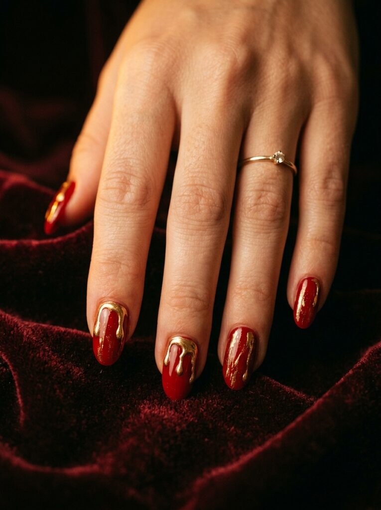 molten gold chrome drips on scarlet nails