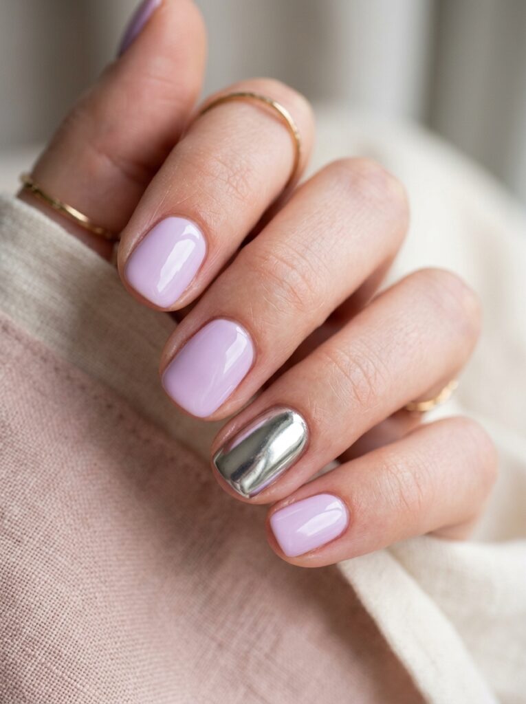 lilac nails with chrome silver accent