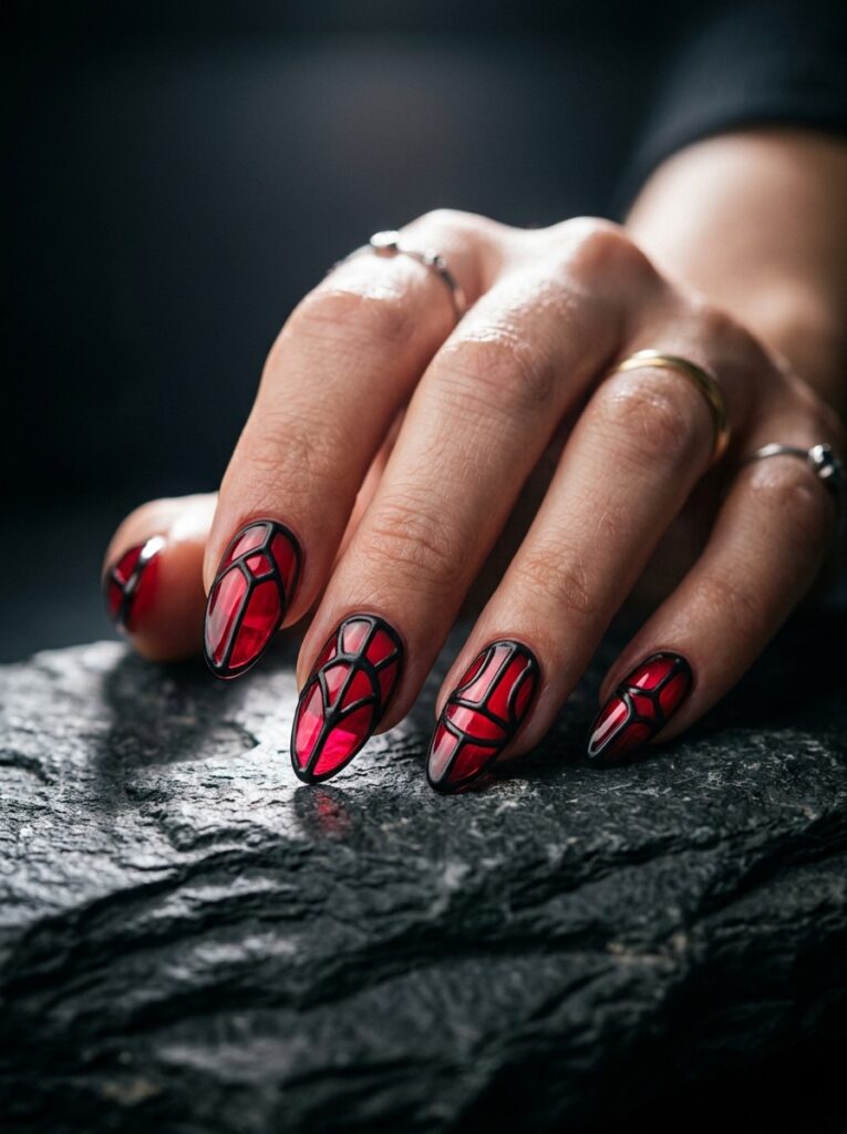stained glass crimson nails with black lead lines