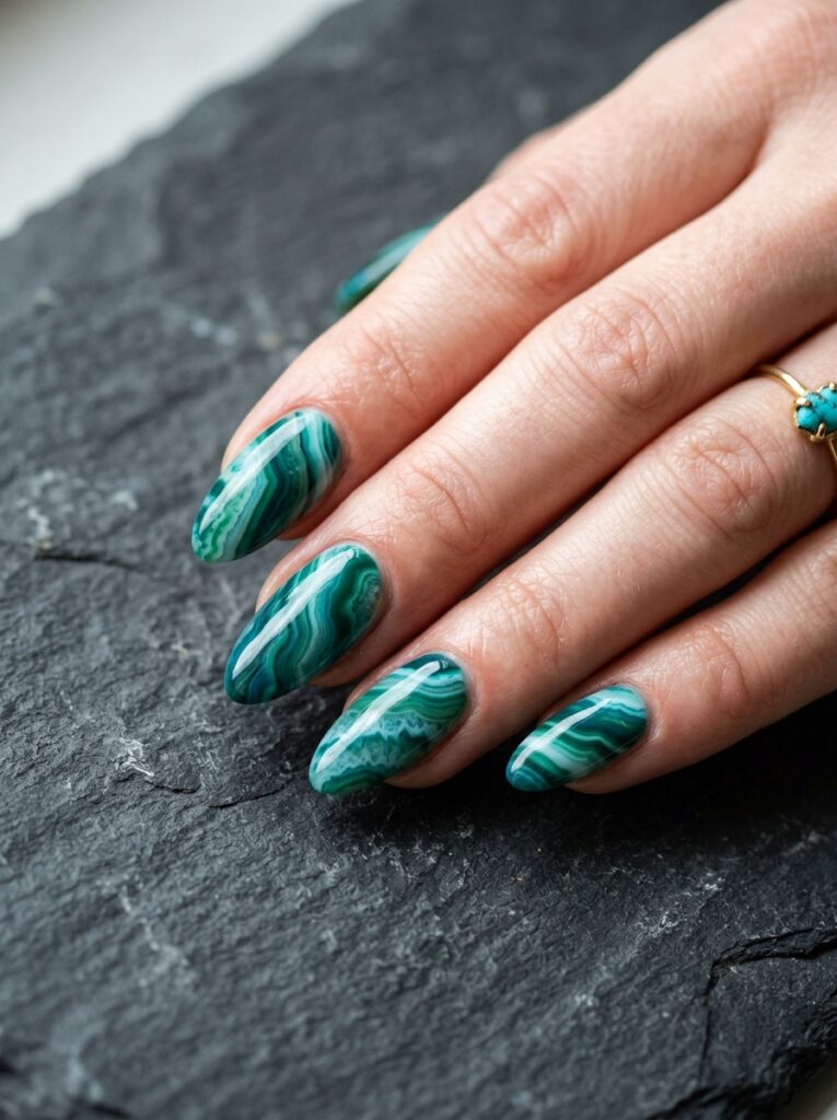 teal and jade swirled agate nails