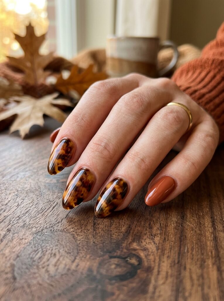 tortoiseshell nails with burnt orange accent