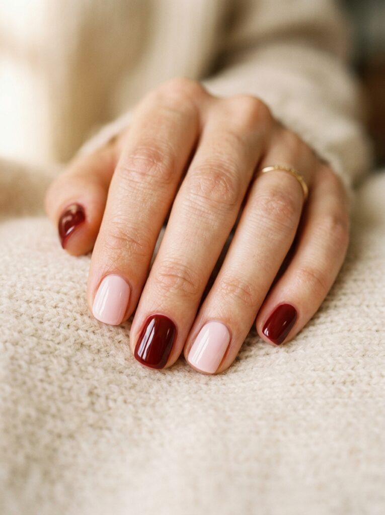 cherry red and soft pink two tone nails