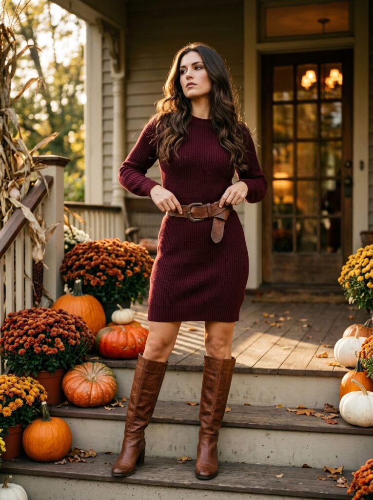 burgundy sweater dress with wide belt and tall boots