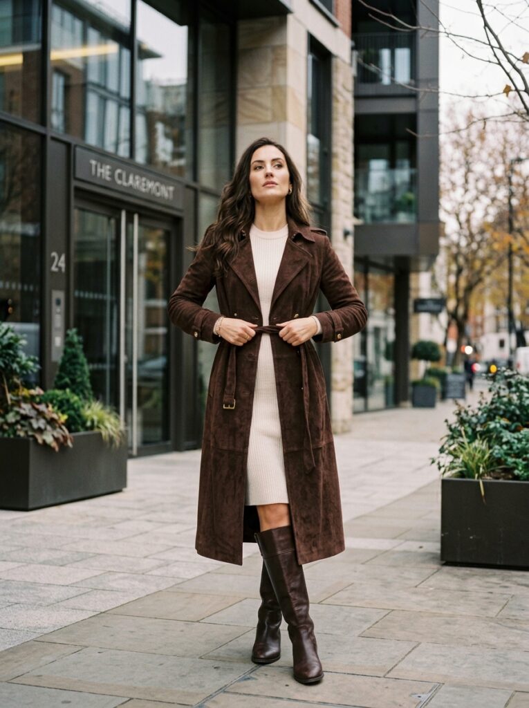 belted suede coat over cream sweater dress