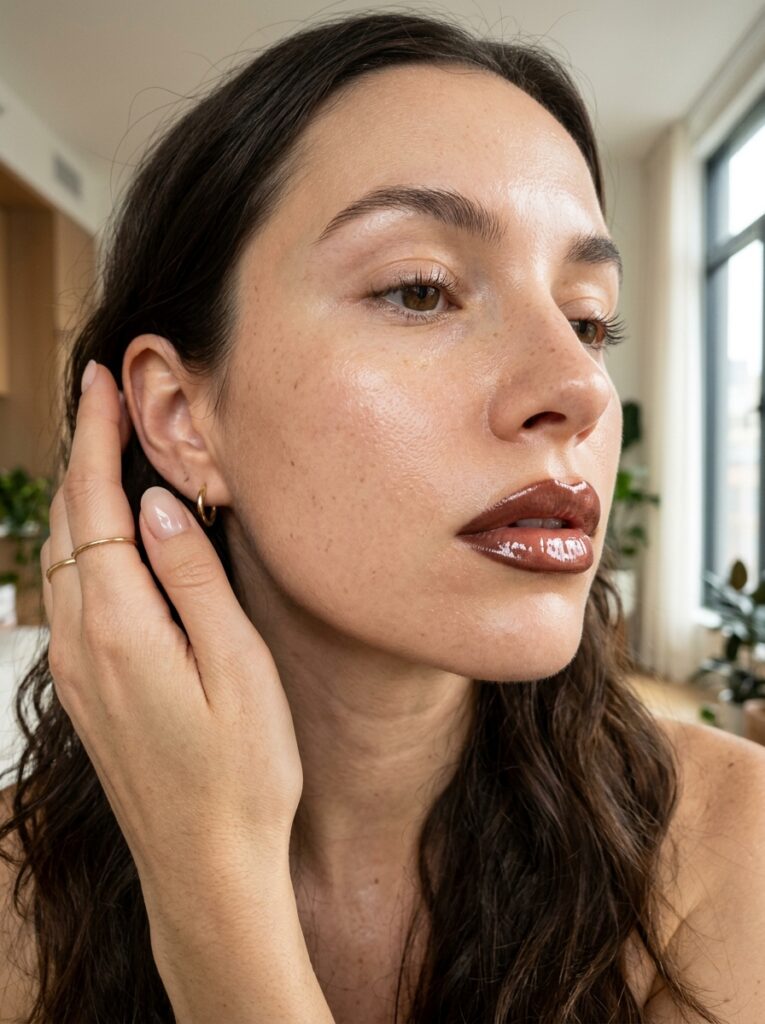 espresso liner with clear gloss brownie glazed lips