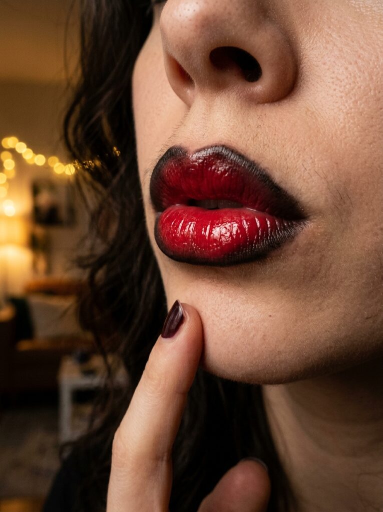 black liner with red gloss gothic lip combo