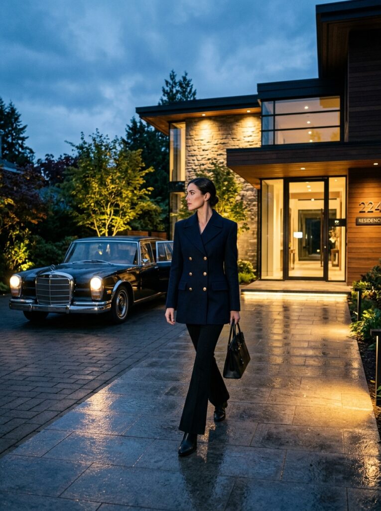 Woman in navy double-breasted coat and flare trousers walks at twilight.
