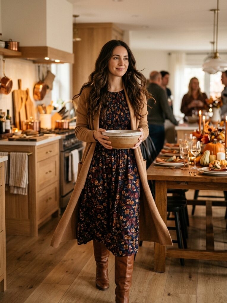 long cardigan over smocked midi dress